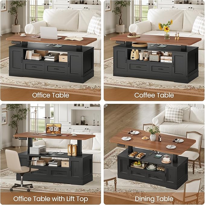 SEDETA 47.2" Electric Standing Coffee Table with Storage, Farmhouse Lift Top Coffee Table with Drawers and Open Shelves, Height Adjustable Tables with Power Outlet, for Living Room, Black