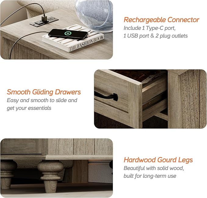 WAMPAT 2 Pack End Tables with Charging Station, Farmhouse Side Table with Drawer & Storage Cabinet, Gray Nightstand with Power Outlets & USB Ports for Living Room, Bedroom
