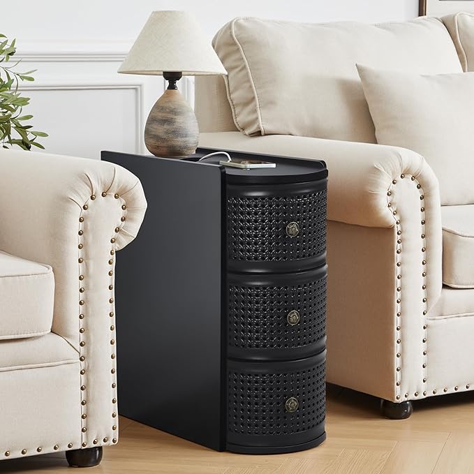 Metal Rattan Narrow End Table with Charging Station Set of 2, Black Side Table with Drawers Storage, Small Night Stand with Power Outlets and USB Ports, Sofa Side Table for Living Room - Black