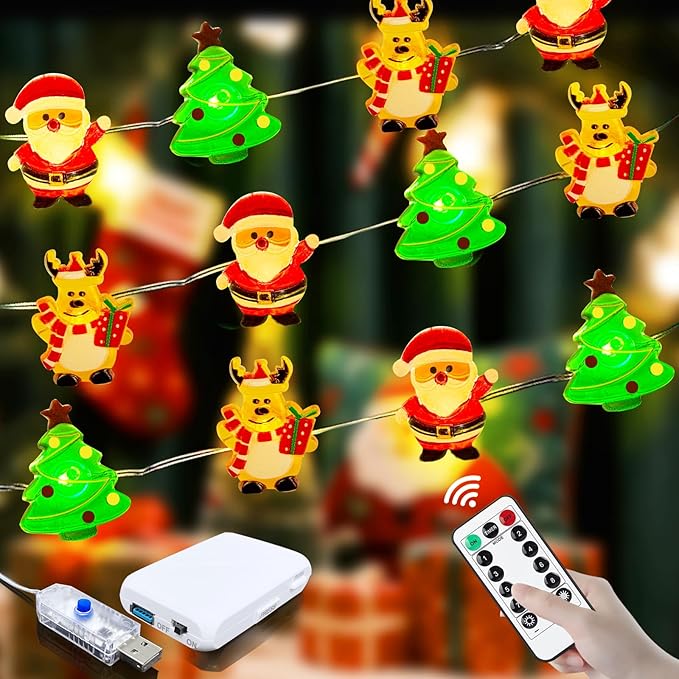 ZGWJ Christmas String Lights with Timer, Tree-Reindeer-Santa Claus 50LED 16FT Twinkle Fairy Lights 8 Modes for Bedroom,Christmas Parties Decoration (Xmas Tree-Reindeer-Santa Claus, 1PCS)