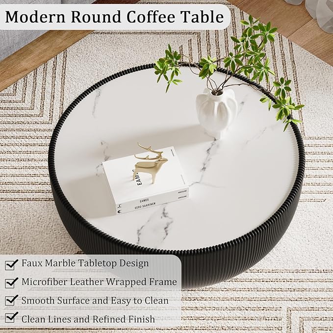 Round Living Room Table Set, 27.56" Black Drum Center Table and 19.69" Orange Coffee Table Set, 2 Pieces Coffee Table Set with Sintered Stone Tabletop, Fluted PU Leather Covered and Metal Base