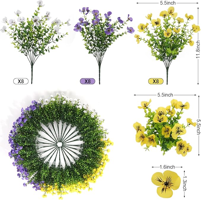 Geegoods 24 Bundles Artificial Flowers Outdoor – Fake Pansy Flowers UV Resistant Plastic Faux Pansies for Front Door Garden Porch Window Box Patio Home Decor