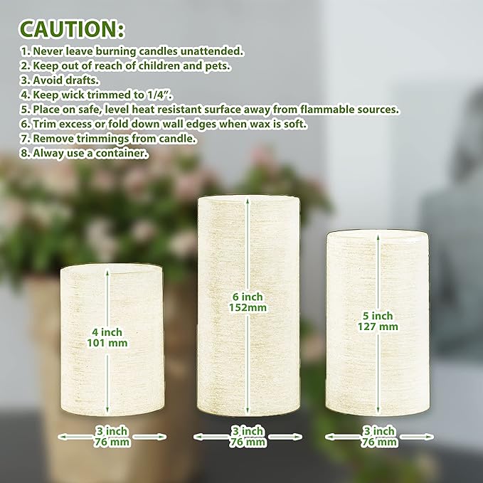 MOZEAL Hand-Poured Unscented Candle,Dripless Pillar Candle Set of 3,Includes 4", 5" and 6",Approx 300 Hours Burn Time,Rustic Country Style,for Wedding,Dinner,Christmas,Restaurants and Home Decor