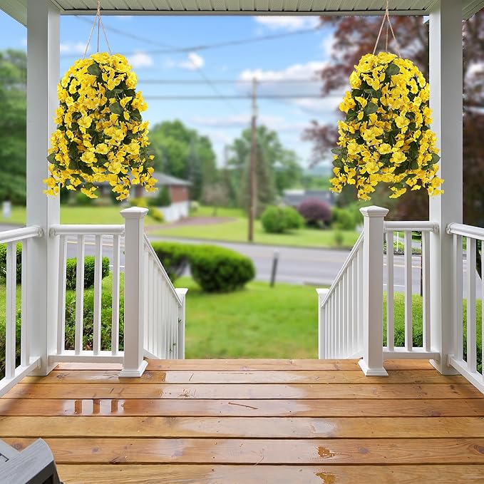 Sggvecsy Artificial Fake Hanging Flowers Plants for Outdoor Outside Spring Summer Decoration 4PCS Faux Silk UV Resistant Realistic Morning Glory Trailing Vines for Home Porch Patio Balcony(Yellow)