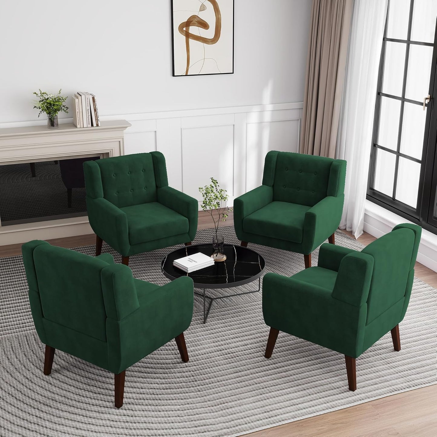 UIXE Accent Chair, Velvet Upholstered Armchair for Living Room, Modern Club Arm Chairs Comfy Single Sofa Button Tufted Bedroom Reading Seat - Retro Green, Set of 4