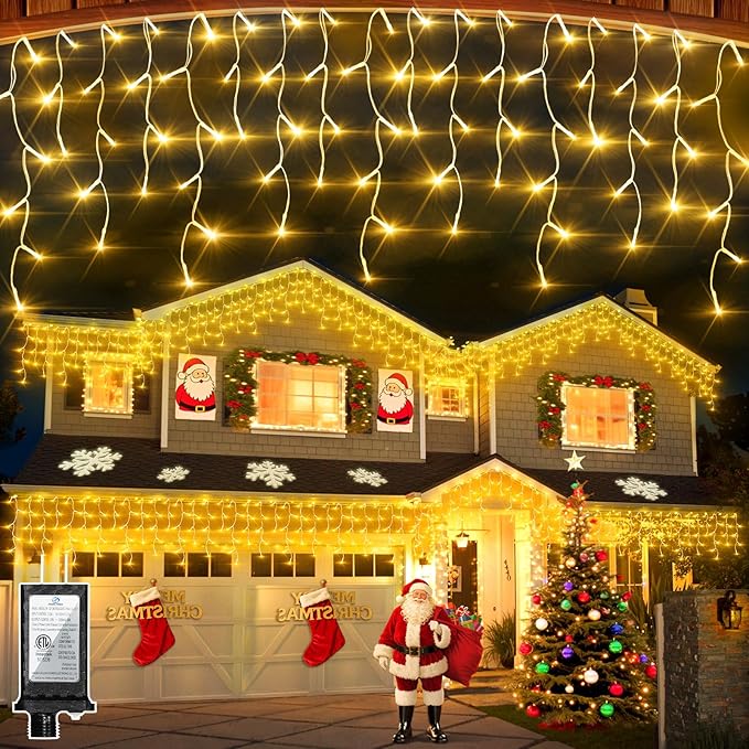 504 LED Christmas Lights with 112Drops, 50ft 12 Modes Warm White Fairy String Lights with Timer Dimmable, Waterproof Twinkle Lights for Indoor Outdoor Holiday Wedding Party Eaves Yard Christmas Decor