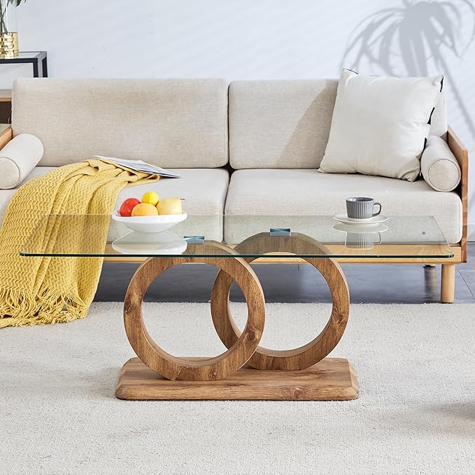 Modern Glass Coffee Table, 47”Rectangular Coffee Table for Living Room, Clear Center Table with Tempered Glass Top and Wood Finish Base