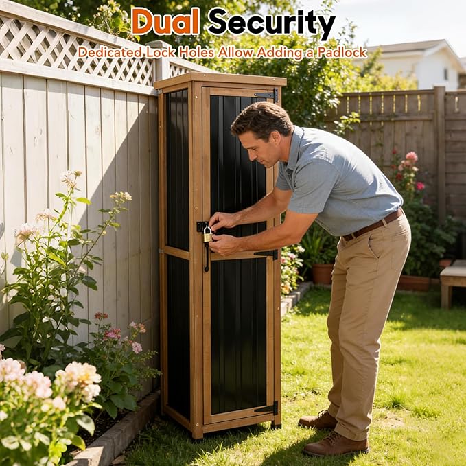 Outdoor Storage Cabinet, Wood & Metal Storage Shed with Weatherproof Roof, 3 Removable Shelves, Lockable Door, Adjustable Feet, Outside Storage Cabinet for Garage, Patio, Backyard