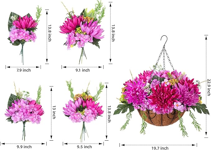 HyeFlora Artificial Fall Mums Flowers Baskets for Outside Decoration, Fake Hanging Silk Fuchsia Flower, Faux Chrysanthemum Summer UV Resistant Realistic for Porch Yard Autumn Decor