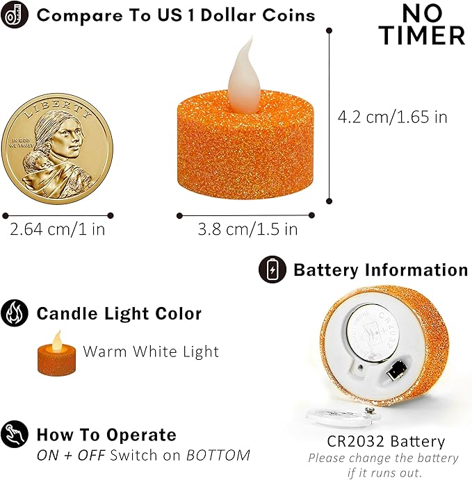 FURORA LIGHTING Orange Glitter LED Tealight Candles Pack of 12, Flameless Flickering Tealight Candles for Home Décor, 1.5’’(W) x 1.65’’(H), Battery Operated