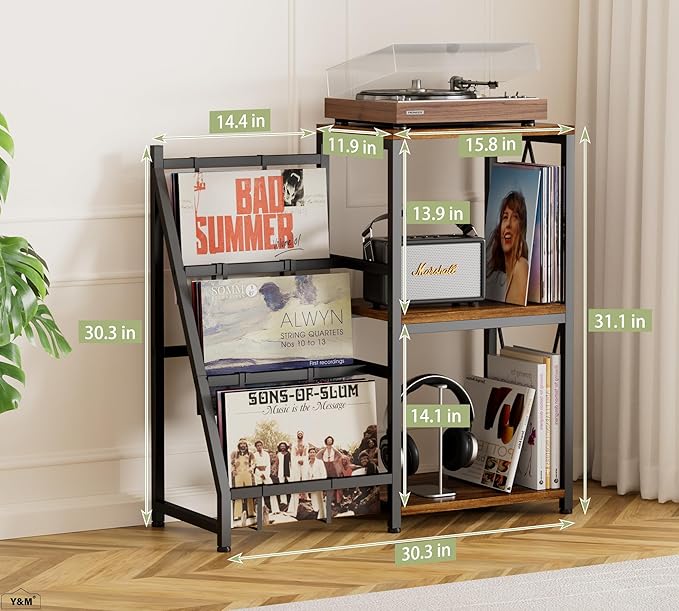 Y&M Record Player Stand with Vinyl Storage, Vinyl Record Shelf Holds Up to 200 Albums, 3-Tier Turntable Stand Table, Record Display Shelf for Album CD, End Table for Bedroom, Living Room