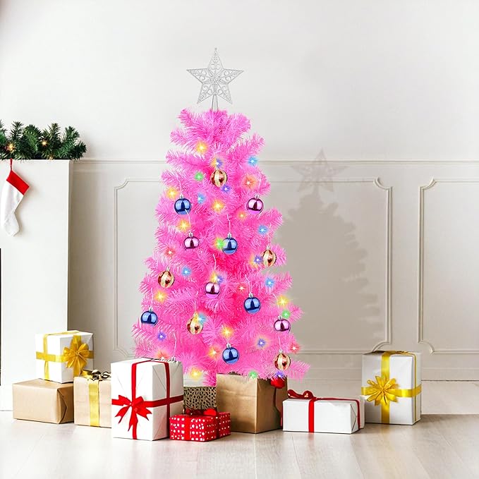 3 Feet Pink Tinsel Christmas Tree 12 Modes Dual Color Change Timer DIY 50 Warm White & Multicolor Lights Star 15 Ball Ornaments Battery Operated Small Artificial Full Xmas Tree Table Home Indoor