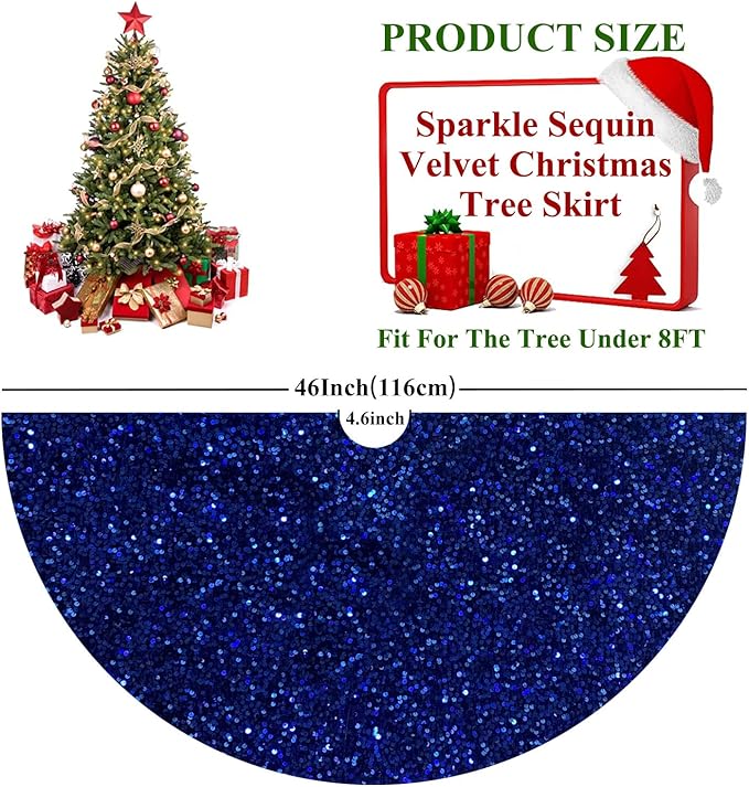 FUHSY Royal Blue Christmas Tree Skirt 48 Inch Sequins Tree Skirts Velvet Fabric Christmas Tree Floor Mat Sparkle Tree Cover Skirts for 6ft Tree Winter Holiday Christmas Decoration Blue Tree Skirt