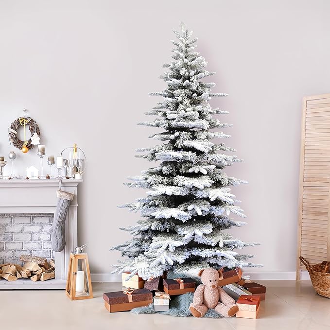Fraser Hill Farm 10-ft. Pine Valley Flocked Christmas Tree, Huge Fake Christmas Tree with No Lights, Unlit Snowy Artificial Christmas Tree, Festive Indoor Holiday Decoration