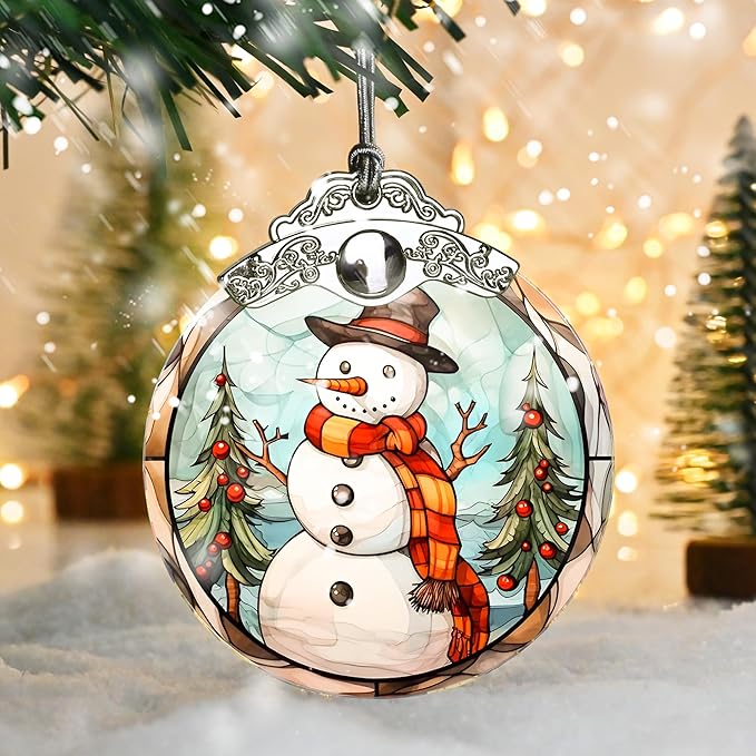 Snowman Christmas Ornament, Jocidea Stained Glass Ornaments for Christmas Tree, Christmas Tree Decorations, Snowman Lovers Gifts, Holiday Decor and Xmas Gifts Ideas