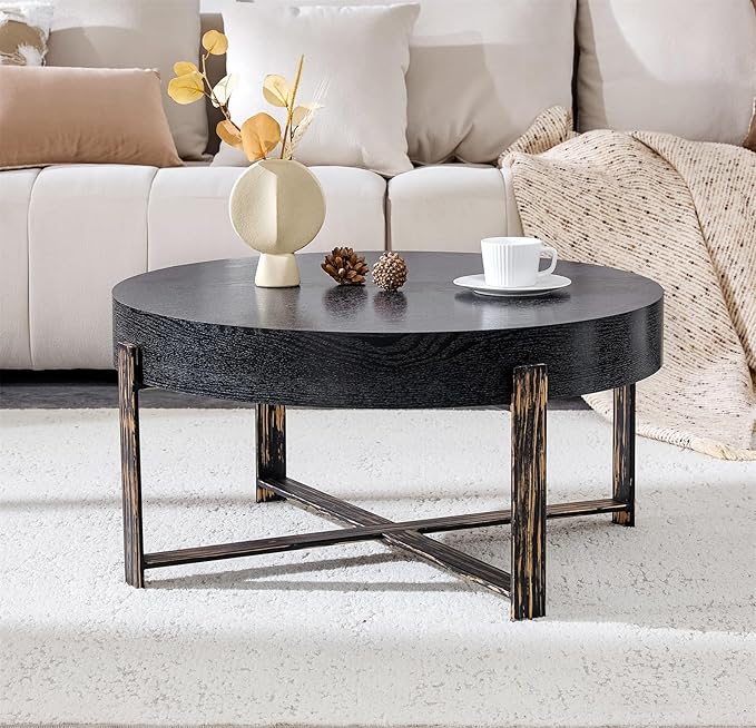 LKTART 31.5'' Round Coffee Table for Living Room, Modern Wood Handcraft Drum Coffee Table with Storage, Stainless Steel Legs Tea Tables, Apartment Small Space, Black