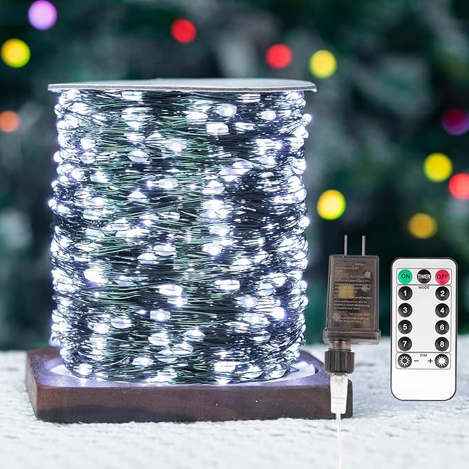 Fairy Lights Plug in,400FT 1200LEDs Waterproof Led String Lights,8 Modes Remote Twinkle Light for Outdoor Indoor Christmas Wedding Birthday Garden Party Decorations,Green Wire,Cool White
