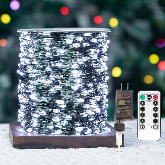 Fairy Lights Plug in,200FT 600LEDs Waterproof Led String Lights,8 Modes Remote Twinkle Light for Outdoor Indoor Christmas Wedding Birthday Garden Party Decorations,Green Wire,Cool White
