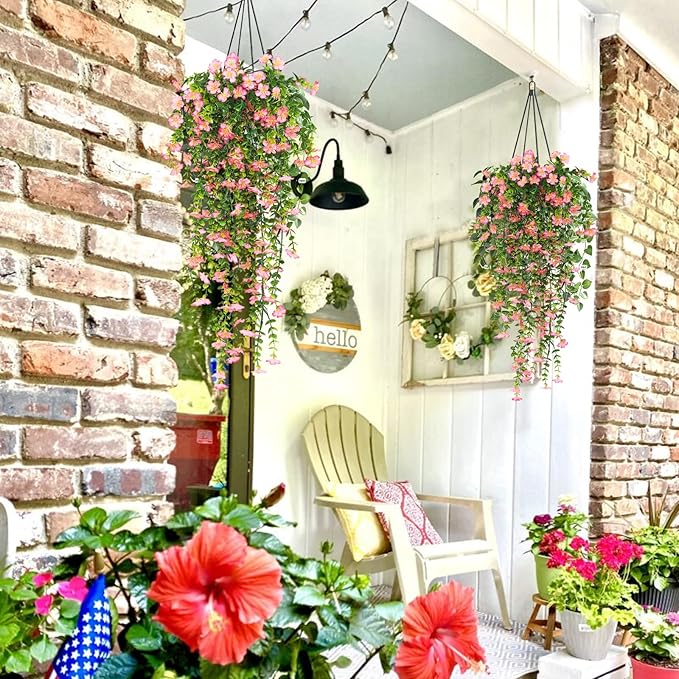RECUTMS Artificial Hanging Flowers Plants for Outdoors, 4Pcs Fake Hanging Plants Flowers with Eucalyptus Leaves UV Resistant Fake Flower Look Real for Home Garden Porch Patio Door (Pink)