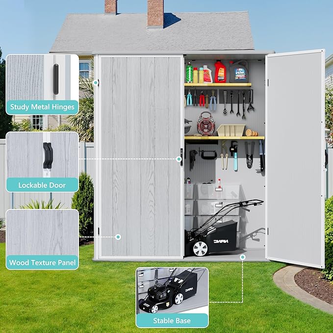 Greesum 5X3FT Plastic Storage Shed with Floor, Resin Outdoor Storaged Sheds with Lockable Door, All-Weather Tool Sheds for Garden, Backyard, Patio, Light Gray (4.7×2.5FT)