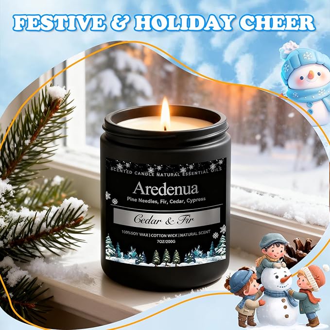 Cedar & Fir Candle – Winter Candles | Holiday Scented Candles, 7oz Jar Soy Candle for Home Scented - 50H Burn - Evergreen Forest & Fresh Pine Scent, Christmas Gifts for Women & Men