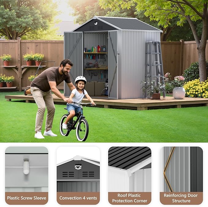 8x6 FT Outdoor Storage Shed, Metal Sheds & Outdoor Storage, Waterproof Sheds with Lockable Doors for Backyard (White, No Window)