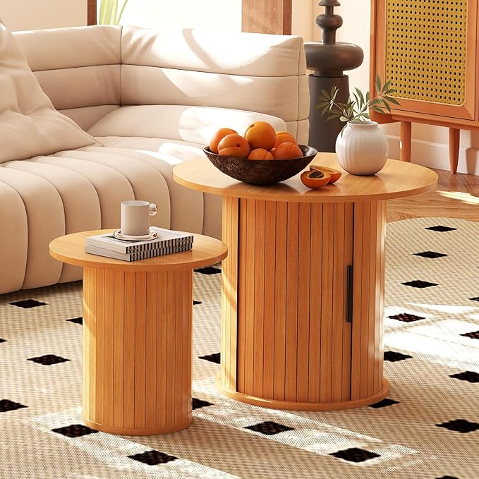 COSVALVE Round Wood Coffee Table 23.6IN with Hidden Storage & Sliding Door, Circle Farmhouse Side Table Sets for Living Room, Bedroom, Balcony, Small Spaces, Natural