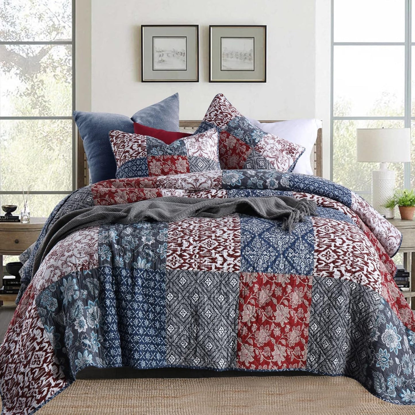 Yvooxny Quilts King Size Bedspread Quilt Set Lightweight Reversible Coverlet Set Real Patchwork Quilted Bedding Set for All Seasons, Bohemian Floral Style, King Size
