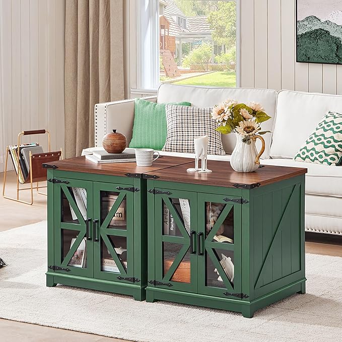 Farmhouse End Table, 24" Large Sofa Side Table with Charging Station Glass Barn Door, Wood Nightstand with Adjustable Storage Shelf, Square Bedside Table for Living Room, Bedroom, Office-Green