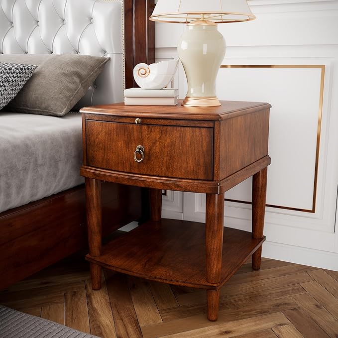 Traditional Wood End Table with Drawer and Storage Shelf, Hardwood Beside Table with Pull-Out Divider, Modern Vintage Sofa Chair Side Table Nightstand for Living Room Bedroom, Cherry Brown 1569MG