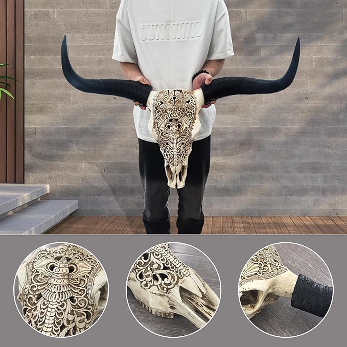 Cow Skull Wall Decor,Long Horn Cow Skull Wall Hanging,Cow Skull Wall Hanging Decor,Faux Taxidermy Head Wall Decor,Simulation Large Bull's Head Boho Style,Decor Wall Sculpture for Home Office (White)