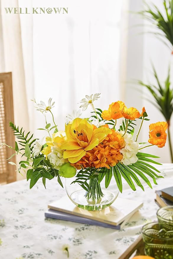 WELL KNOWN Artificial Silk Flowers in Glass Vase for Dining Table Decor, Tropical Orange Orchid Flowers Bouquet Arrangement with Faux Water for Home Office Wedding Party Dining Table Centerpieces Gift