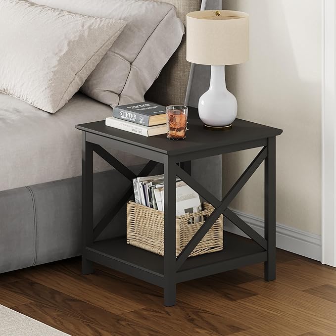 ChooChoo End Tables Set of 2, 24 Inch End Table with 2-Tier Storage Shelf, Side Table for Living Room, Wood Nightstand for Bedroom, Office, Painted Surface, Black
