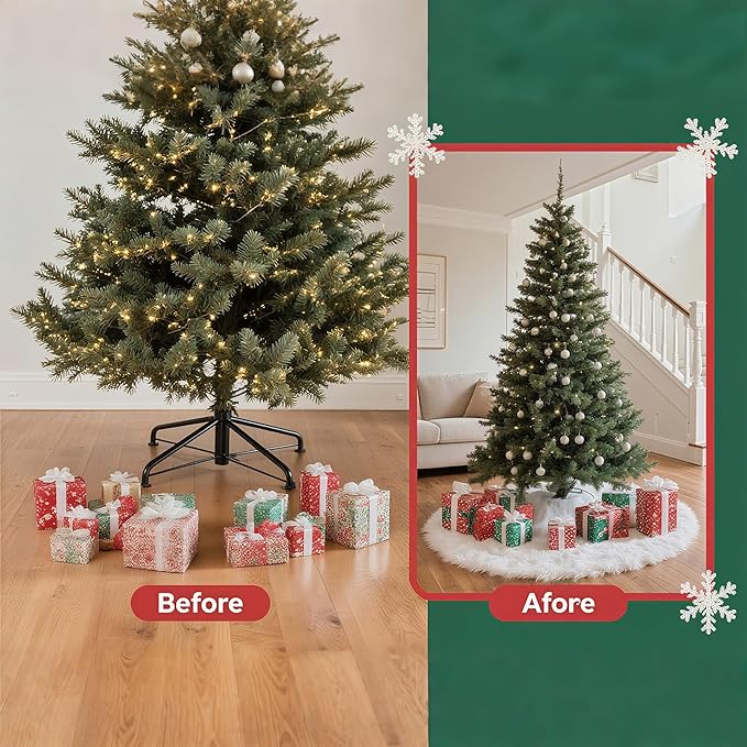 Christmas Tree Skirt, 60 inches White Luxury Christmas Tree Skirts, Xmas Faux Fur Tree Skirt Decorations for Christmas New Year Party