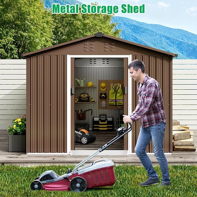 8X15 Ft Outdoor Metal Storage Shed with Roof, Weatherproof Steel Tool Shed with Lockable Door for Lawn Mower, Bike & Garden Equipment Storage