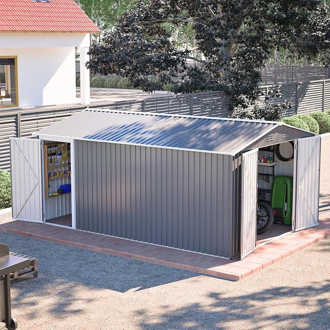 14x10 FT Outdoor Metal Storage Shed with Side Door & Floor Frame, Extra-Large Tool Shed with Lockable Double Doors, Weatherproof Garden Shed for Backyard, Lawn Equipment and Patio Storage