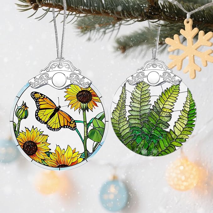Butterfly & Sunflower Stained Glass Ornament, Christmas Ornaments, Christmas Tree Decorations, Holiday Decor, Holiday Present, Butterfly Themed Gifts, Gift Ideas & Xmas Gifts