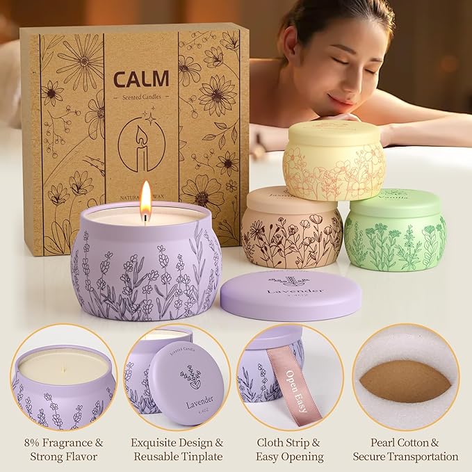 Scented Candles for Mom, 17.6oz Romantic Candles for Women Girl Candle Set, 120H Burning, Soy Candle for Home Scented, Christmas, Birthday, Lavender | Vanilla | Rose & Sandalwood | Jasmine -4 Pack