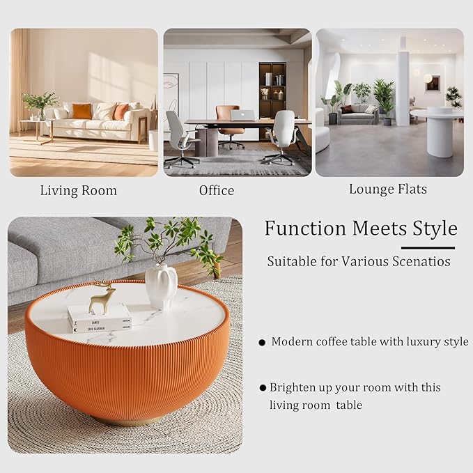 29.53" Orange Round Coffee Table, Drum Coffee Table with Sintered Stone Tabletop and Fluted PU Leather Covered and Metal Base, Circle Cocktail Tea Table for Living Room