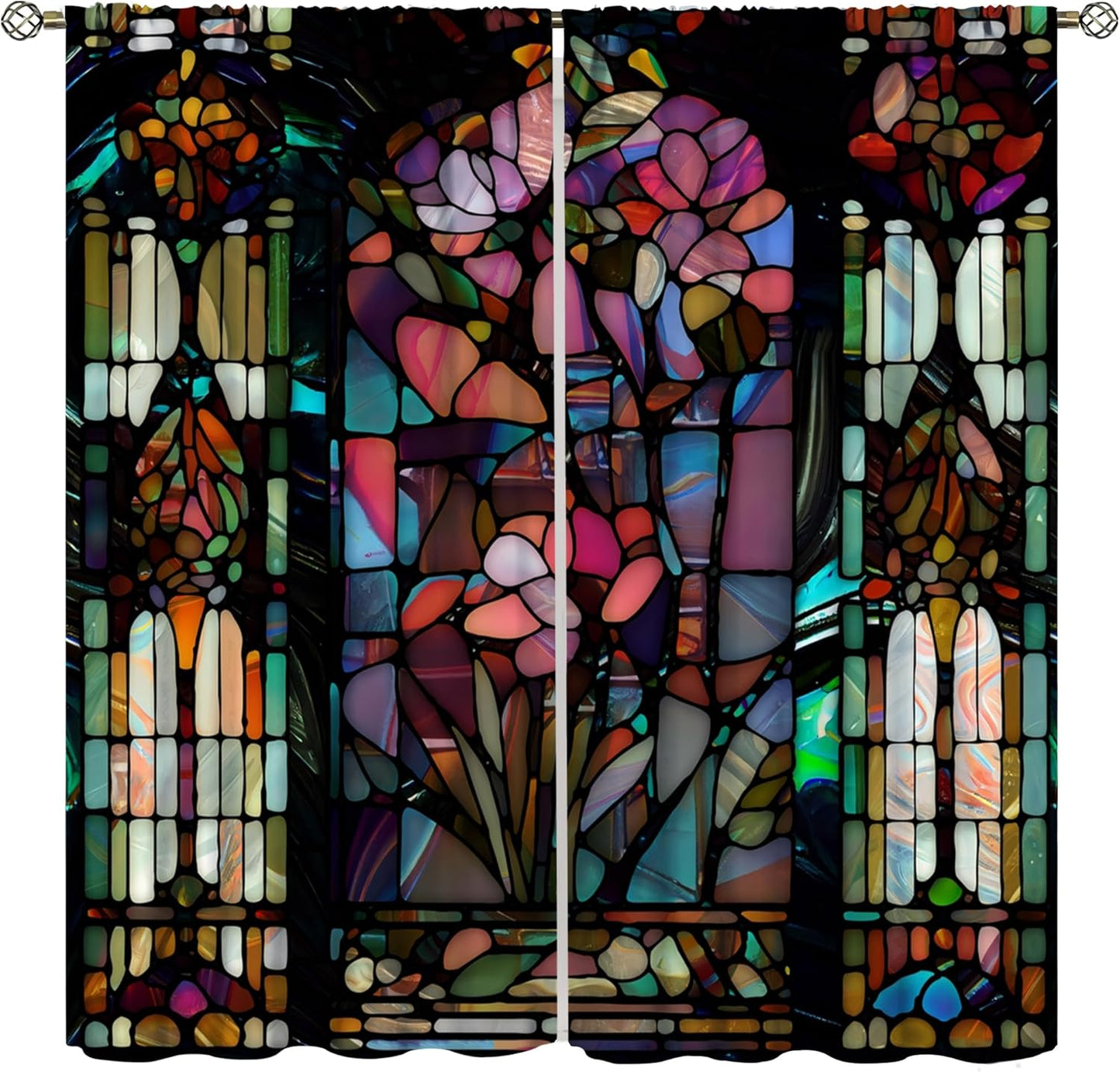 Stained Glass Curtains,Vintage Colorful Abstract Art Home Decor Drapes for Bedroom Living Room Kitchen Window Treatment 2 Panels Set Total Size 63" W X 72" L Inch