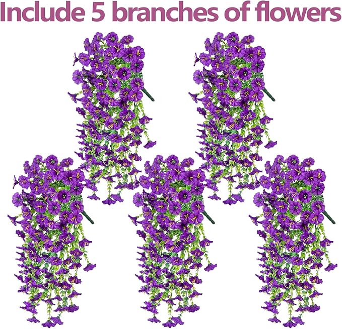Rich and Eye-catching 5 PCS Artificial Hanging Flowers，Silk Morning Glory Faux Flowers with Eucalyptus Leaves,uv Resistant Fake Hanging Petunias Plants for Yard Decoration(Purple)