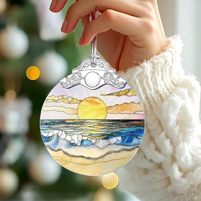 Beach Sunset Stained Glass Ornament, Christmas Ornament – Christmas Tree Decor, Holiday Decoration, Stocking Stuffer, Festive Gift Idea, Gifts for Ocean Lover, Nature Lover, Friend, and Family
