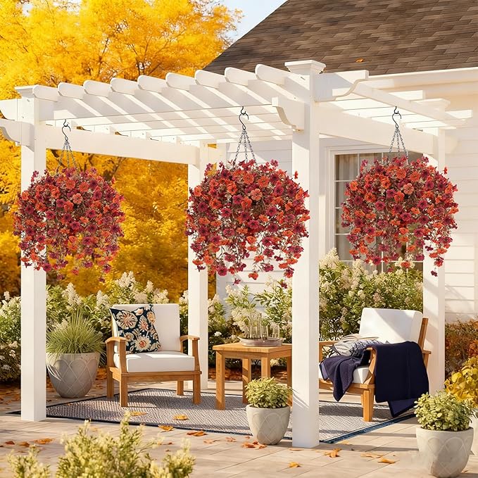 Artificial Flowers for Outdoors, 2 Set Faux Hanging Mums Baskets with Eucalyptus Vines, Realistic Fake Mums, Fall Flowers for Porch, Patio, Garden & Yard, Fall Outdoor Décor