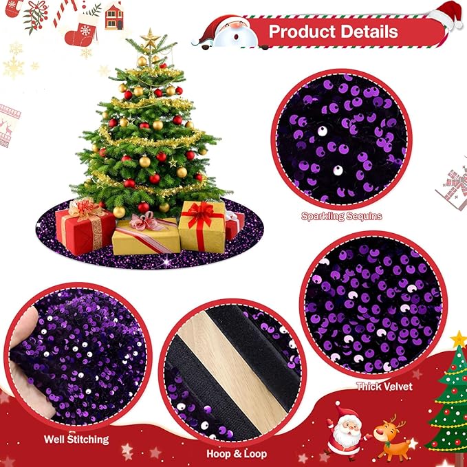 Purple Tree Skirt Christmas Tree Skirt 36 Inch Sequin Tree Skirts Glittery Velvet Tree Skirt Collar Round Santa Tree Skirts for Xmas Party Decoration Christmas Tree Ornaments