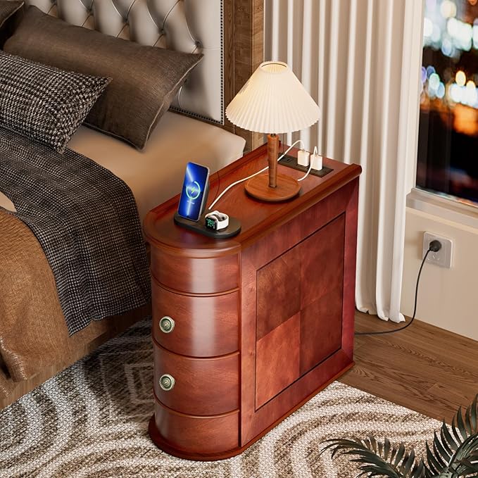 ROOMTEC Solid Wood End Table with Charging Station,Narrow Side Table with USB Ports and Outlets,No Assembly,Slim Chair Side Table,Narrow Sofa Side Table for Living Room Bedroom(2 Pack)