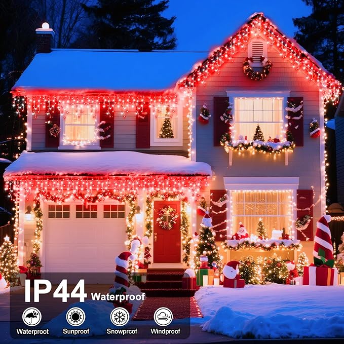 XURISEN 66ft Christmas Lights Decorations Outdoor, 640 LED 8 Modes Curtain Fairy Lights with 120 Drops,Plug in Waterproof Timer Memory Function for Christmas Holiday Wedding Party Decor(Red+White)