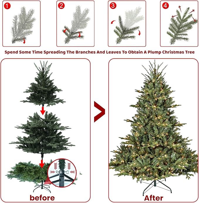 Prelit Spruce LED Christmas Tree - 7ft Artificial with Lights & 2296 Mixed PVC Tips, Auto Hinged for Office/Home Decor