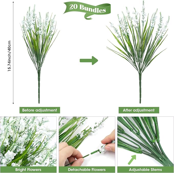 20 Bundles Artificial Lavender Flowers for Outdoors Fake Silk Flowers Faux Plants UV Resistant for Indoor Outside Spring Porch Garden Window Table Box Office Home Decorations, White