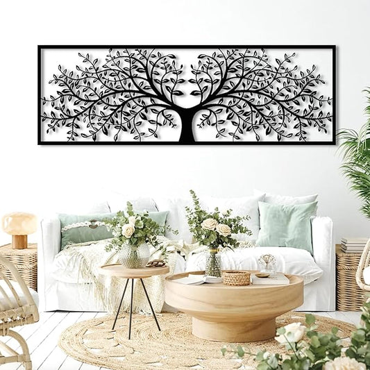 Tree of Life Metal Wall Decor, Tree of Life Metal Wall Art, Large Metal Tree Wall Decor, Metal Tree Wall Art, Metal Tree Decoration, Tree Silhouette, Living Room Bedroom Decor (Black, 64"x 22"| 165x56cm)