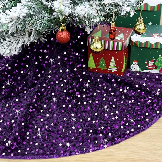 Large Christmas Tree Skirt 60 Inch Sequined Purple Xmas Tree Skirt Glitter Xmas Tree Mat Shimmer Sparkly Christmas Tree Skirt Luxury Huge Tree Skirt for Holiday Party Christmas Tree Mat